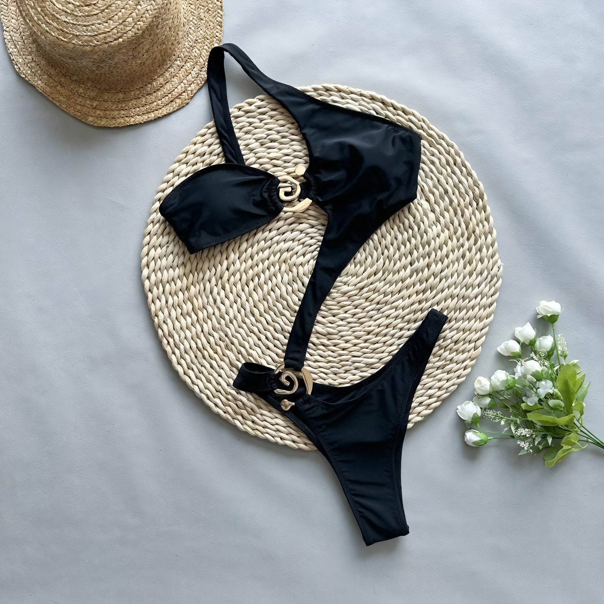 Women's Black One-Piece Swimsuit – Decorative Hardware Detail, Classic Style-83767-78c91f07-bf58-48d8-a91c-fea901376fbe