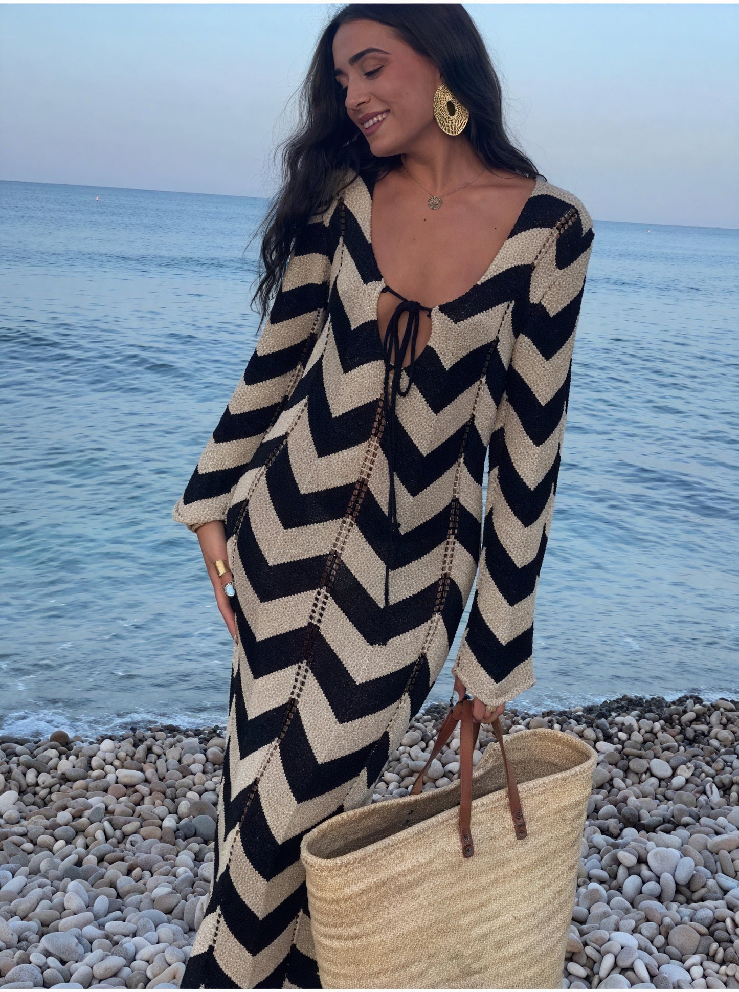 Women's Knit Dress – Chevron Pattern, Long Sleeve, Comfortable-83785-8222111a-68bc-4c1d-8d37-22609a994afb