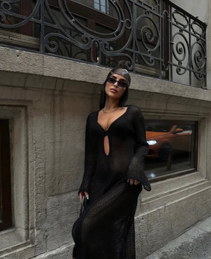 Women's Sheer Knit Maxi Dress – Long Sleeve, Cutout Detail, Beach Cover-Up Style-83803-c699fdfa-01b8-463f-b312-9eb6ee7dc234
