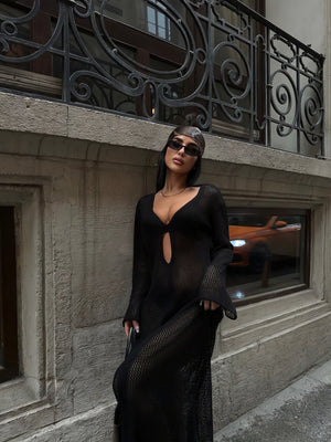 Women's Sheer Knit Maxi Dress – Long Sleeve, Cutout Detail, Beach Cover-Up Style-83803-205a1f35-cc43-4ebf-80c3-3e81617e4e08
