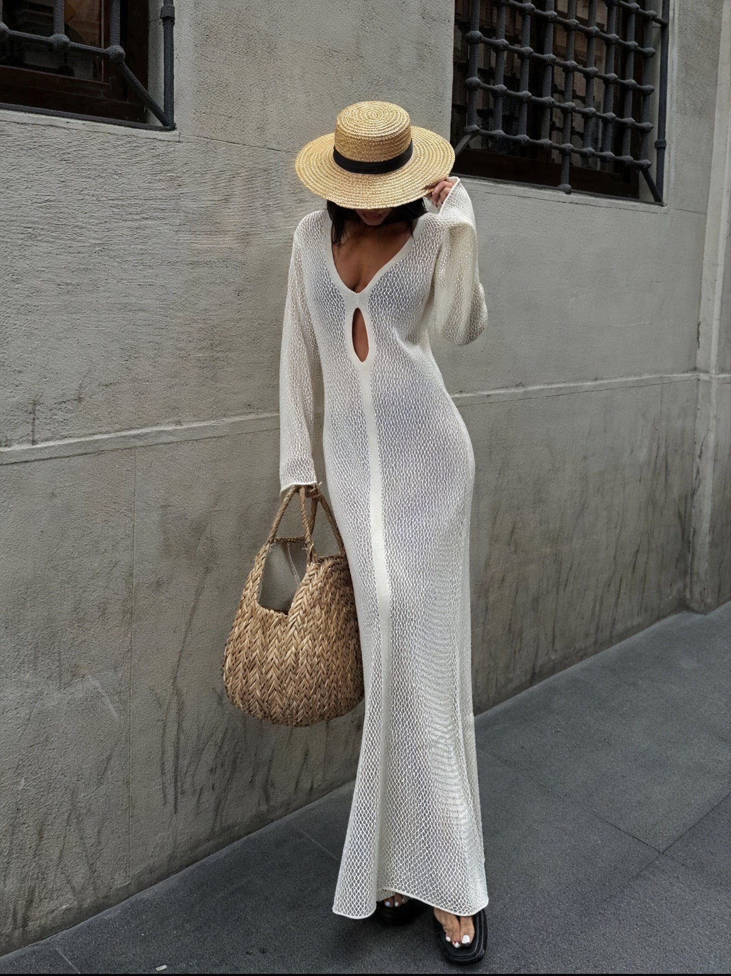 Women's Sheer Knit Maxi Dress – Long Sleeve, Cutout Detail, Beach Cover-Up Style-83803-7e5af83c-eb55-4564-92eb-d8b565d9032b