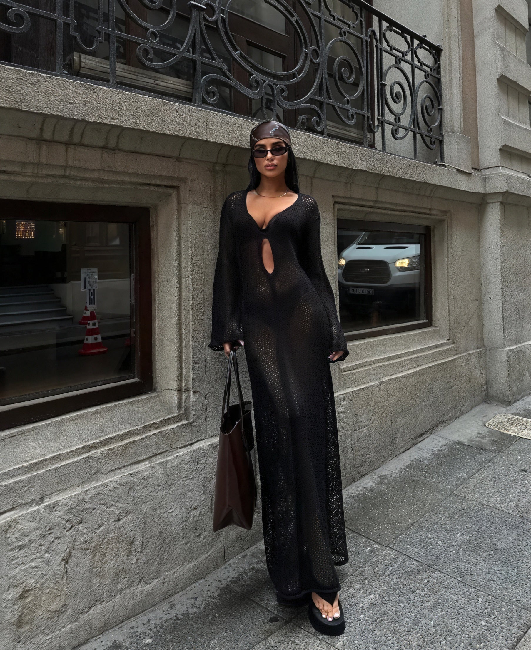 Women's Sheer Knit Maxi Dress – Long Sleeve, Cutout Detail, Beach Cover-Up Style-83803-352f5764-6a23-4789-86b7-2a255c022f80