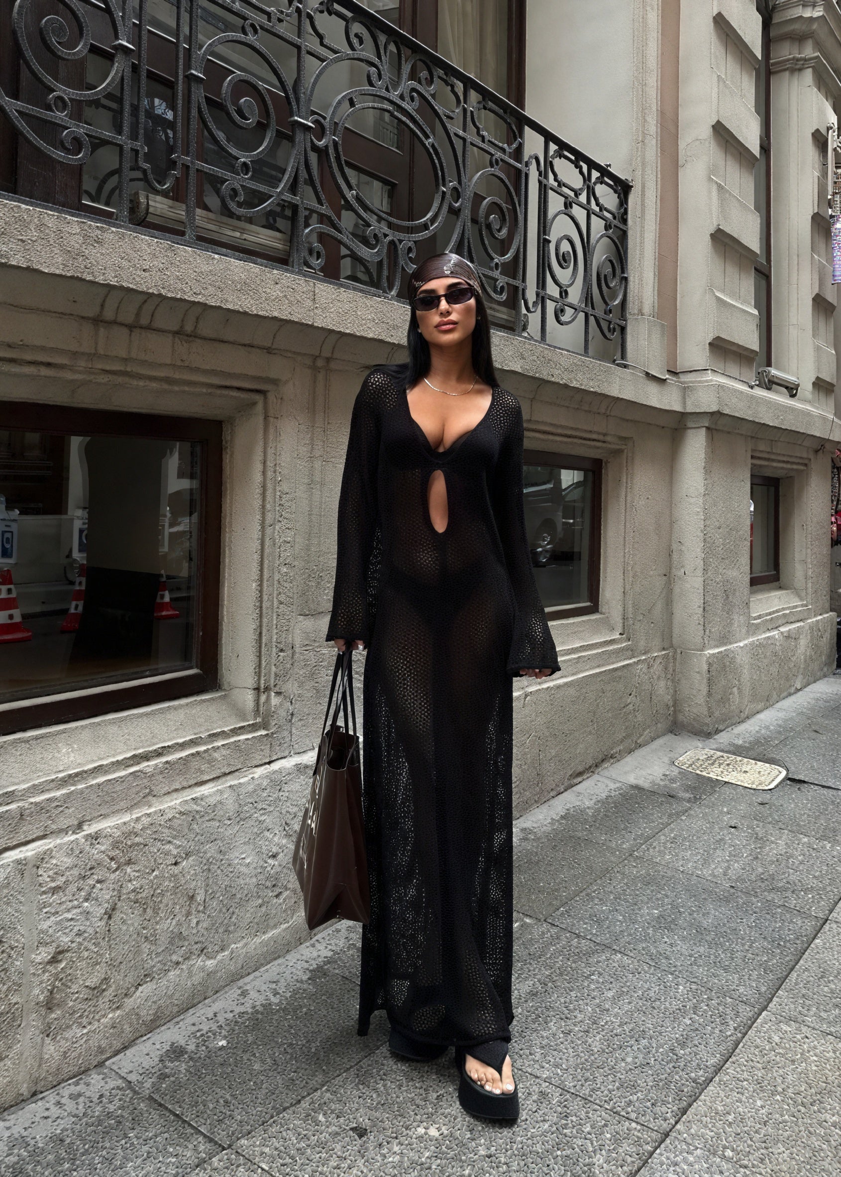 Women's Sheer Knit Maxi Dress – Long Sleeve, Cutout Detail, Beach Cover-Up Style-83803-8bdb5a37-c097-47a3-ac9b-88925d2b162b