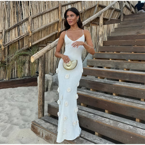 Women's White Spaghetti Strap Dress – Floral Embellished, Lightweight-83821-dad22eff-0459-438c-8966-a964ec7cc8d3