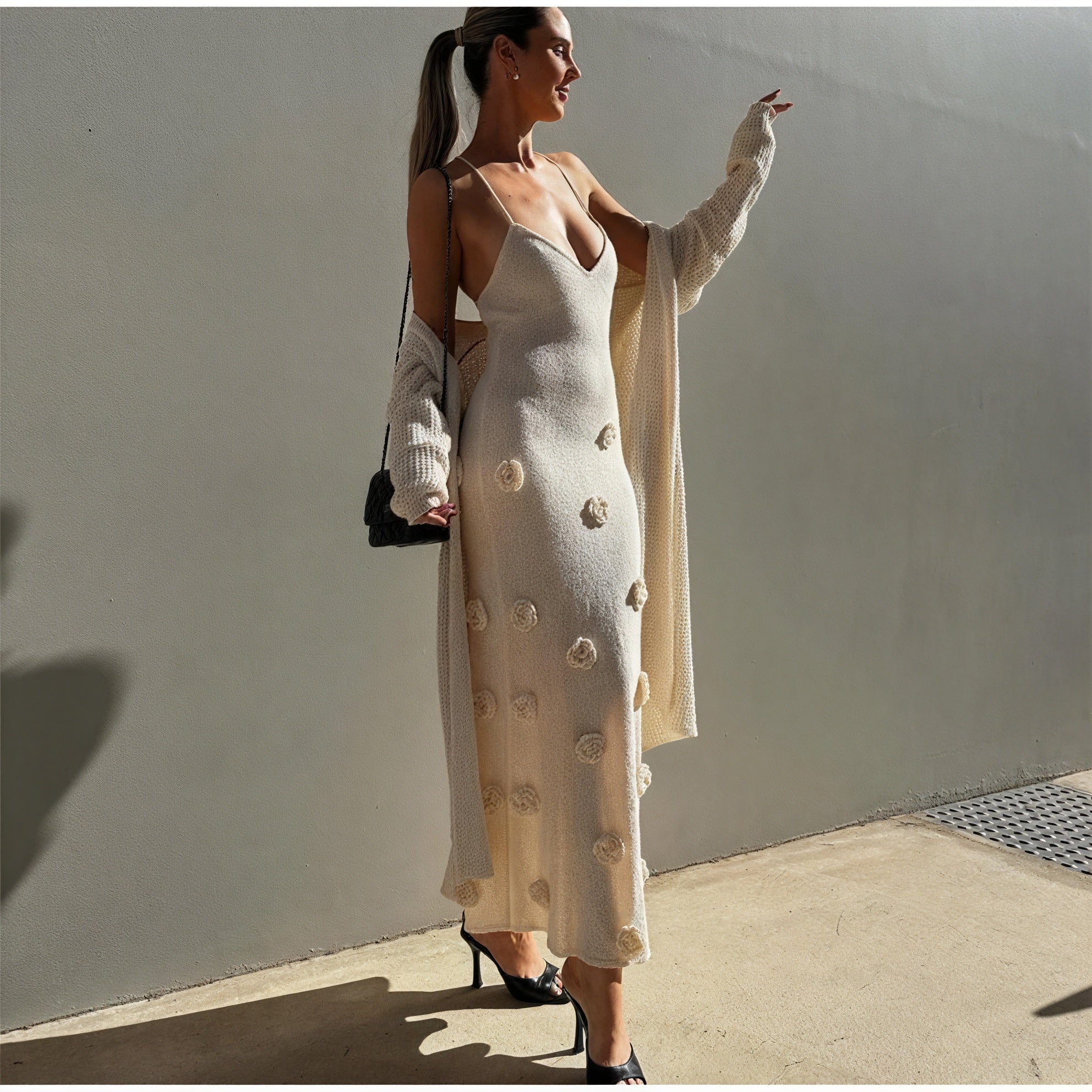 Women's White Spaghetti Strap Dress – Floral Embellished, Lightweight-83821-0725867c-f7e5-4328-8f86-de021431e166