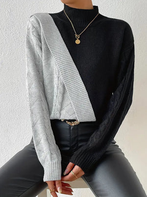 Women's Sweater – Color Block Turtleneck, Cable Knit Design, Modern Style, Sydney Wardrobe-54586-b1c5e7a2-7e02-452a-98eb-a706d10e37da