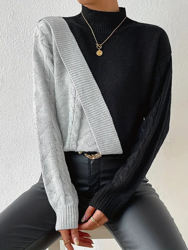 Women's Sweater – Color Block Turtleneck, Cable Knit Design, Modern Style, Sydney Wardrobe-54586-b1c5e7a2-7e02-452a-98eb-a706d10e37da