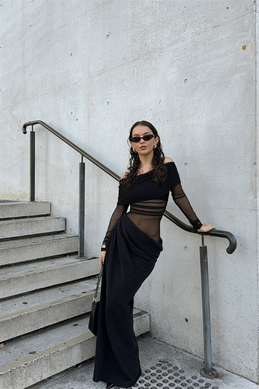 Women's Sheer Mesh Off-Shoulder Maxi Dress - Draped Skirt, Ruched Bodice, Black/Olive Green-81020-858639ed-81db-4967-9246-d8114982d710