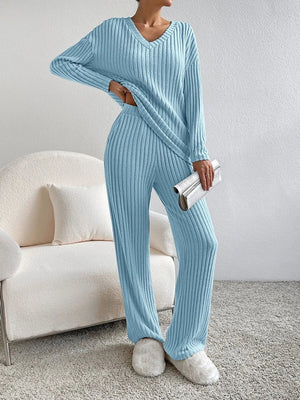 Women's Ribbed Knit V-Neck Loungewear Set – Wide Leg Pants, Relaxed Fit – Green, Black, Beige, Blue, Taupe-81343-860537a7-90f8-49df-ae97-edbce00ce722