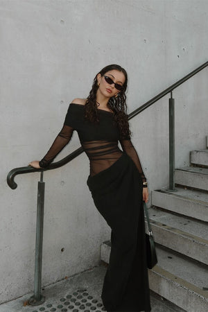 Women's Sheer Mesh Off-Shoulder Maxi Dress - Draped Skirt, Ruched Bodice, Black/Olive Green-81020-86a9791a-33bb-4612-a892-220449f5016f