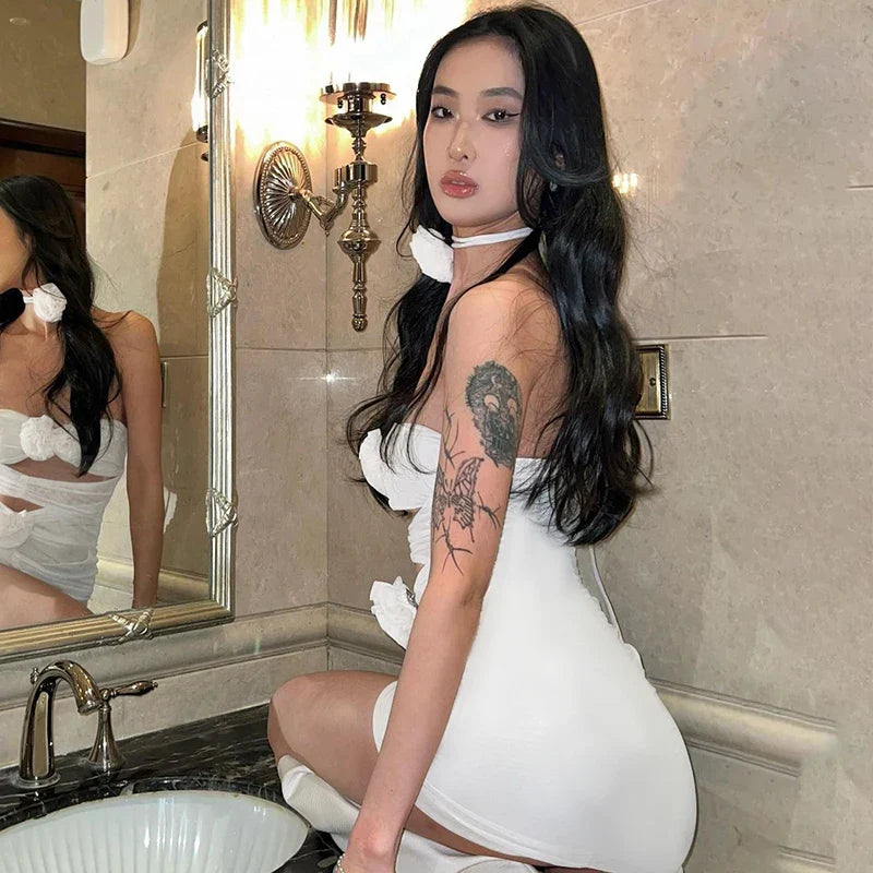 Women's Mini Dress – White Floral Cut-Out Strapless with Choker-77237-8704bb76-0b69-4ac1-a4d6-ac41e40fb713