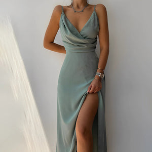 Women's Floor-Length Dress – Black Satin Cowl Neck, High Slit, Elegant-82627-8800785e-d831-40b9-9bf4-ce4c59b5c9c1