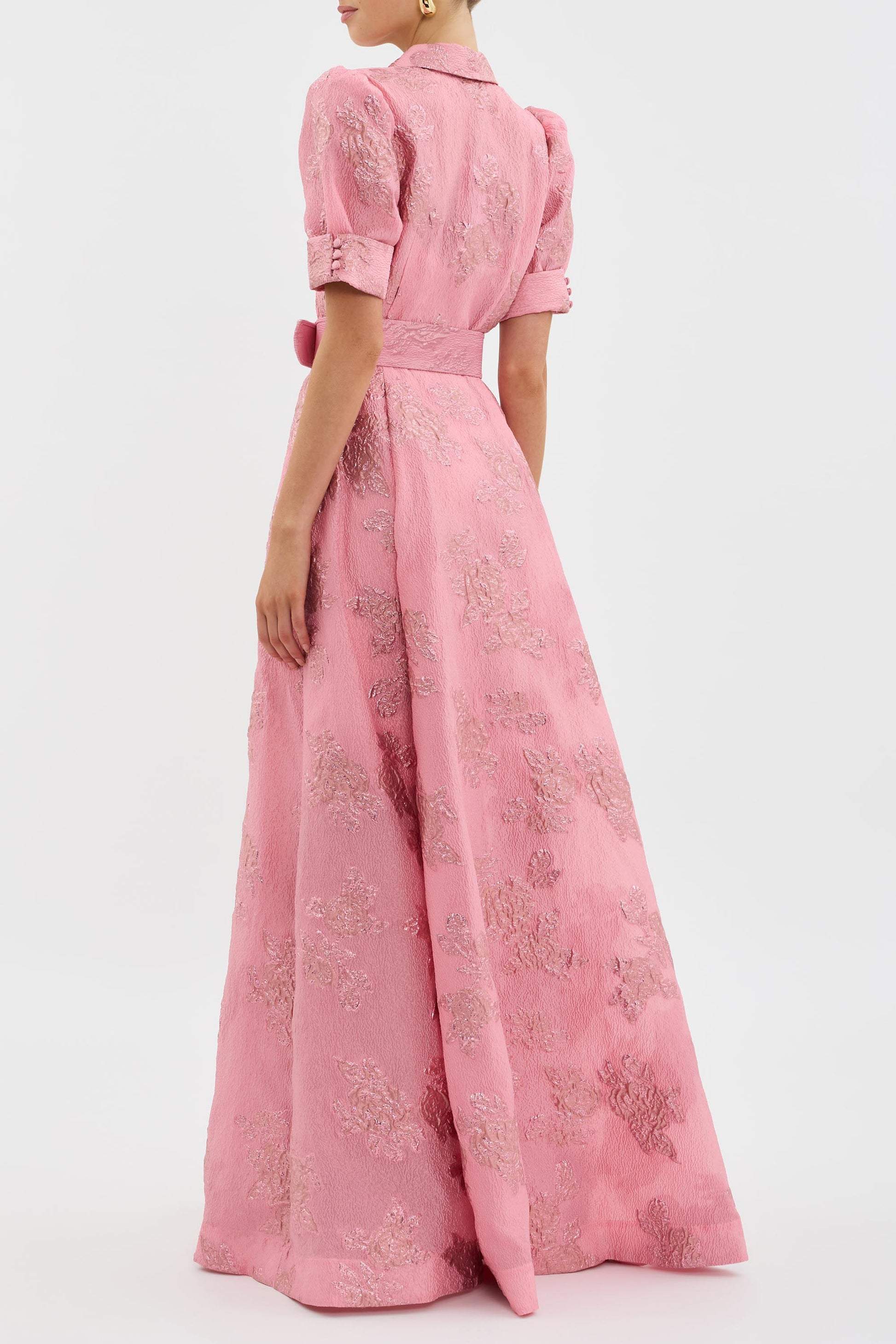 Women's Pink Brocade Maxi Dress – Shirt-Style Top, Belted Waist, Puffed Sleeves, Floral Pattern-83248-880850d4-1529-48a3-971a-7a27d78247b3