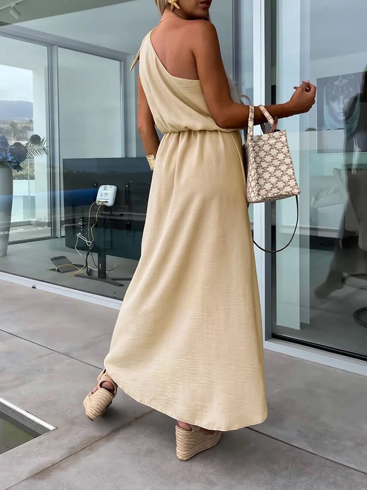 Women's Maxi Dress – One-Shoulder, Asymmetrical Neckline, Side Slit, Waist Tie-83342-8839f17e-0ff8-443f-9d9c-d30e02aead09