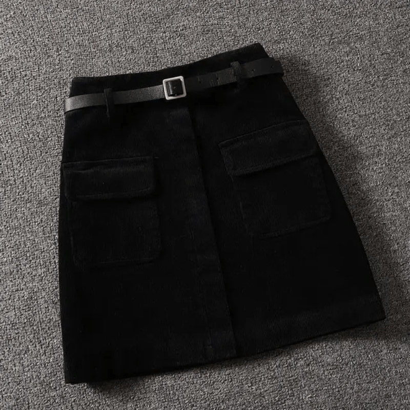 Women's Brown Corduroy A-Line Skirt – High Waist, Belted, Knee-Length-67685-8842e6c3-0bce-47cd-bf20-c7c899299bf1
