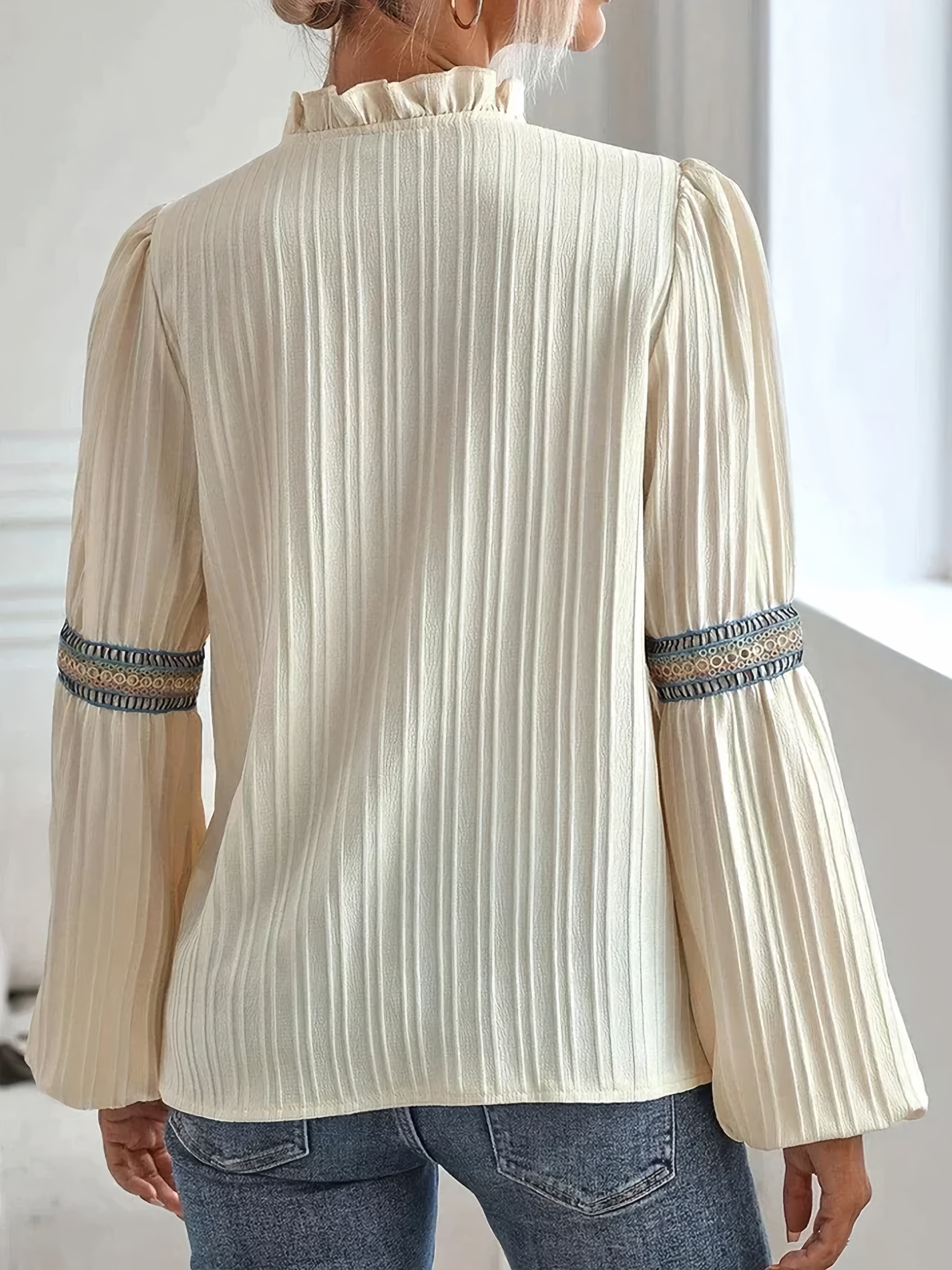 Women's Cream Embroidered Blouse – Pleated Polyester, Puffed Sleeves, Ruffled V-Neck, Bohemian Style, Sydney Wardrobe-77094-88de18eb-117b-45a8-9cf5-9af38b8b40fc