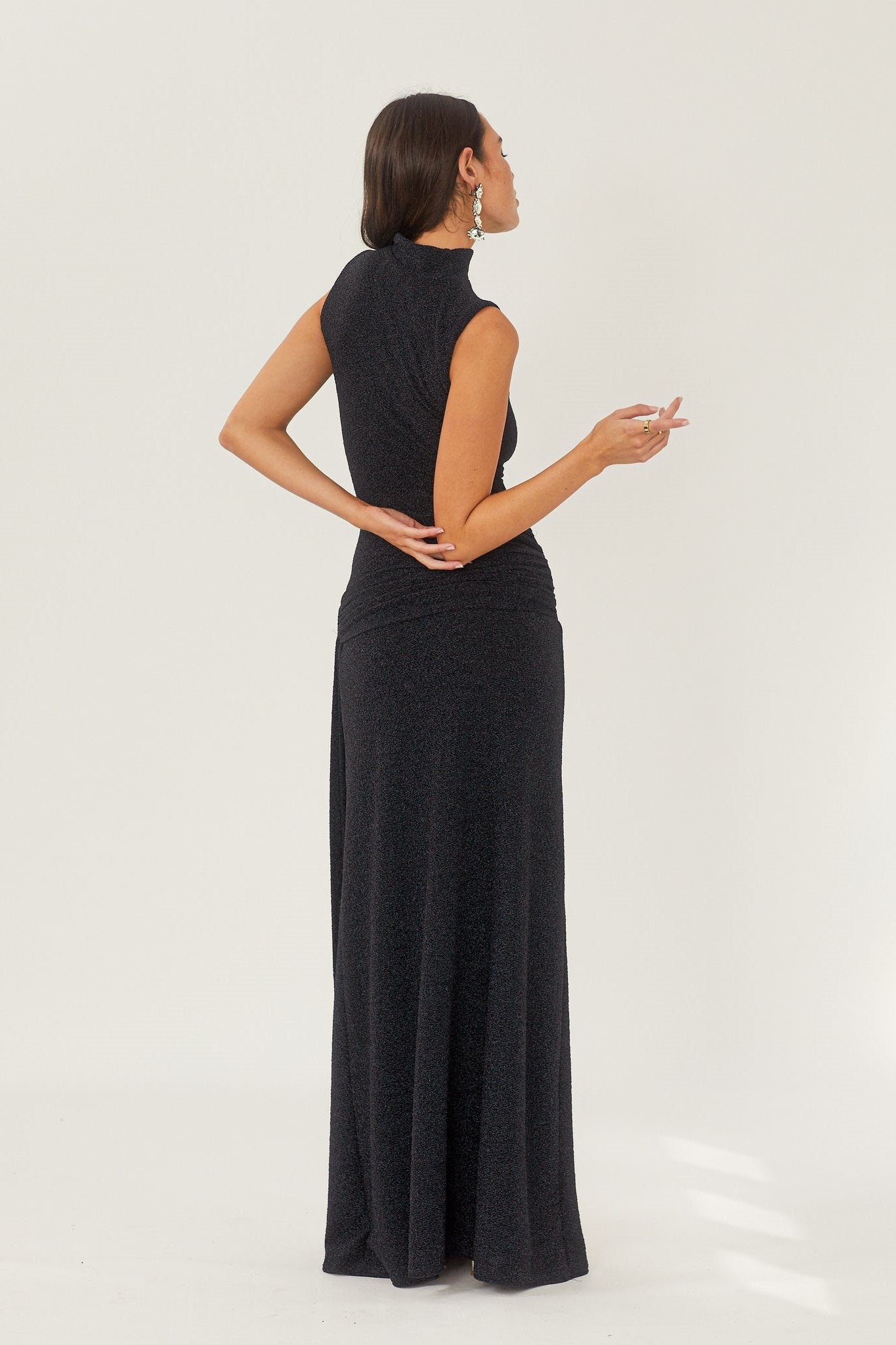 Women's Black Maxi Dress – High Neck, Sleeveless, Gathered Waist, Floor-Length, Elegant Style-81057-88eb1249-7380-4be9-bd39-e74c5547fa0f
