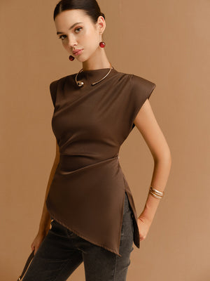 Women's Brown Satin Top – Structured Shoulder, Wrap Waist, High Neck-83250-8ab1675f-1b94-472a-a9cf-a6f7e11e1ff6