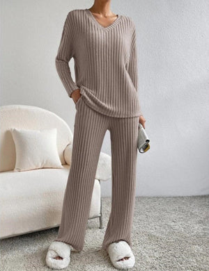 Women's Ribbed Knit V-Neck Loungewear Set – Wide Leg Pants, Relaxed Fit – Green, Black, Beige, Blue, Taupe-81343-8bc0ebbc-1097-4c1e-870c-b159eadf3cee