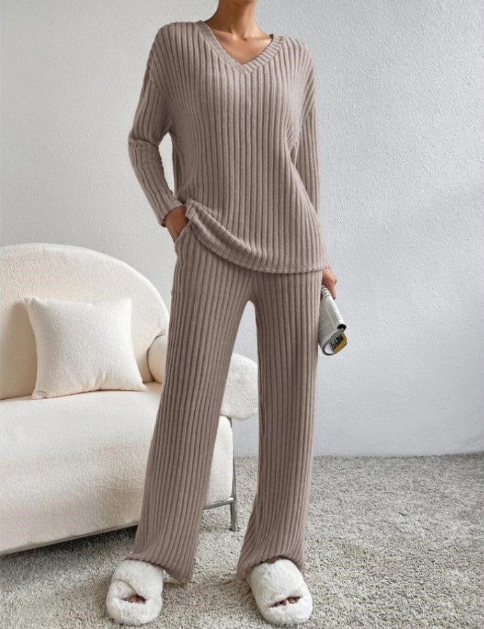Women's Ribbed Knit V-Neck Loungewear Set – Wide Leg Pants, Relaxed Fit – Green, Black, Beige, Blue, Taupe-81343-8bc0ebbc-1097-4c1e-870c-b159eadf3cee