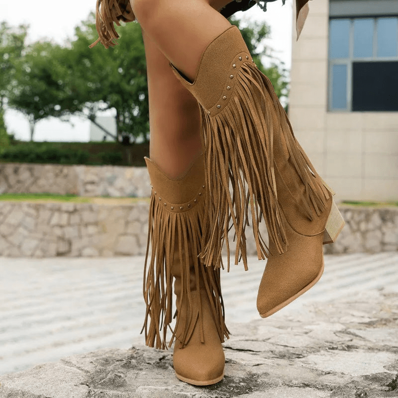 Women's Knee-High Boots – Tan Suede, Fringe, Metallic Studs, Block Heel, Pointed Toe-67732-8bc378f4-f071-4735-8ec2-85b592d91ec8