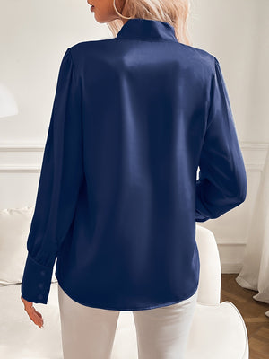 Women's Satin Blouse – Bow Tie Neckline, Puffed Sleeves, Navy/Pink-81414-8c32717f-ad09-48ec-b8c8-d90dddcf9a19