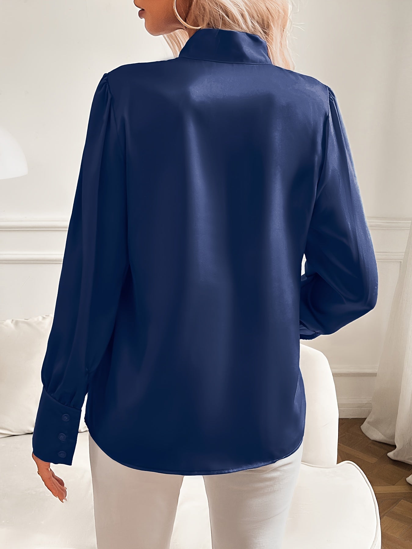 Women's Satin Blouse – Bow Tie Neckline, Puffed Sleeves, Navy/Pink-81414-8c32717f-ad09-48ec-b8c8-d90dddcf9a19