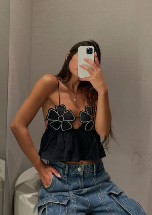 Women's Halter Top – Floral Rhinestone Embellished, Ruffled Peplum, Satin-77127-8c72bbeb-99b3-4379-91d3-0d27fc7b5422