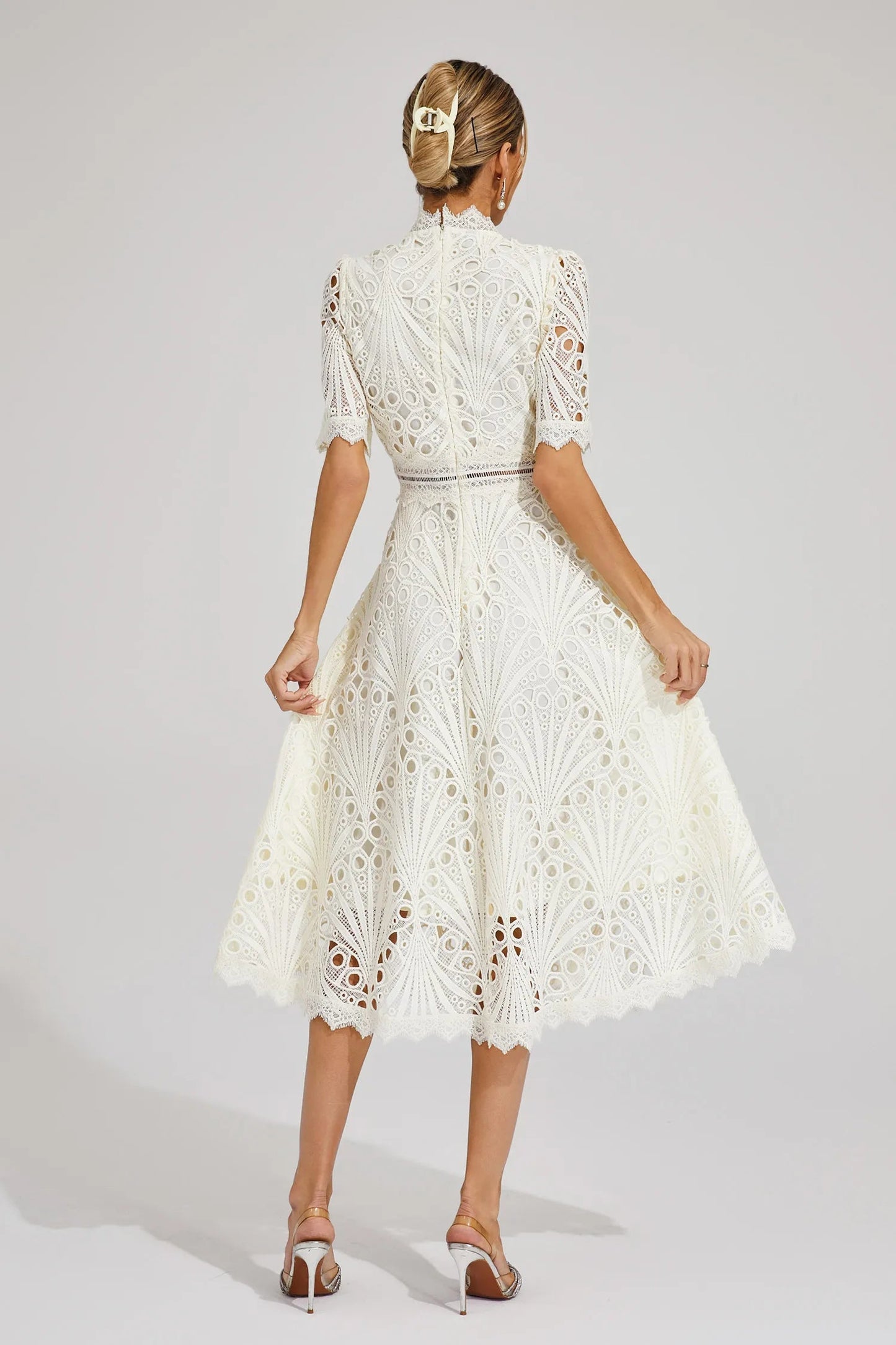 Women's Lace Midi Dress – High Neck, Short Sleeve, Cut-Out Detail-83326-8d87309c-dca6-4ee5-bd79-4596d6144d1c