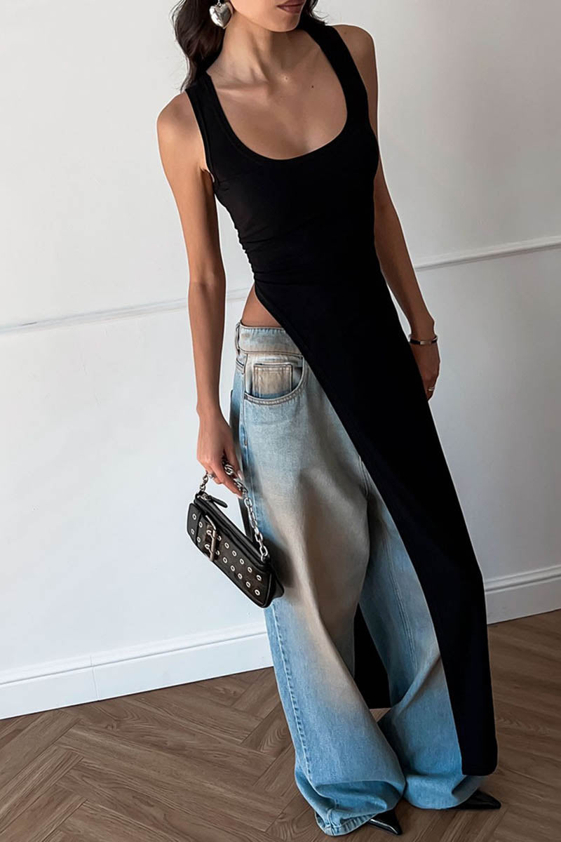 Women's Sleeveless Slit Top – Asymmetrical Hem, Fitted, Black, Red, White-81088-8d941ec7-00b6-4347-a5e7-3edc8636188d