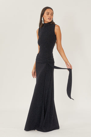Women's Black Maxi Dress – High Neck, Sleeveless, Gathered Waist, Floor-Length, Elegant Style-81057-8dcfe566-b9f2-4b75-9bc3-d1ffb1b69d12