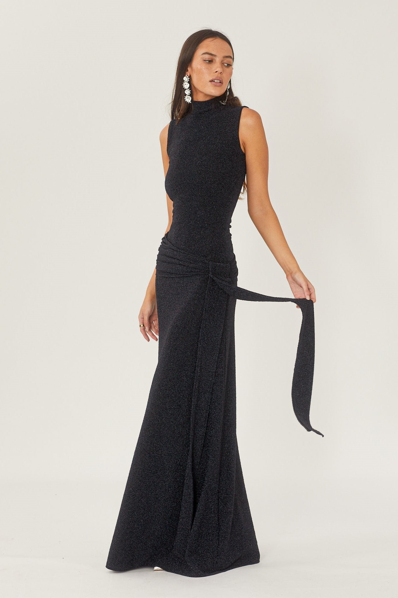 Women's Black Maxi Dress – High Neck, Sleeveless, Gathered Waist, Floor-Length, Elegant Style-81057-8dcfe566-b9f2-4b75-9bc3-d1ffb1b69d12
