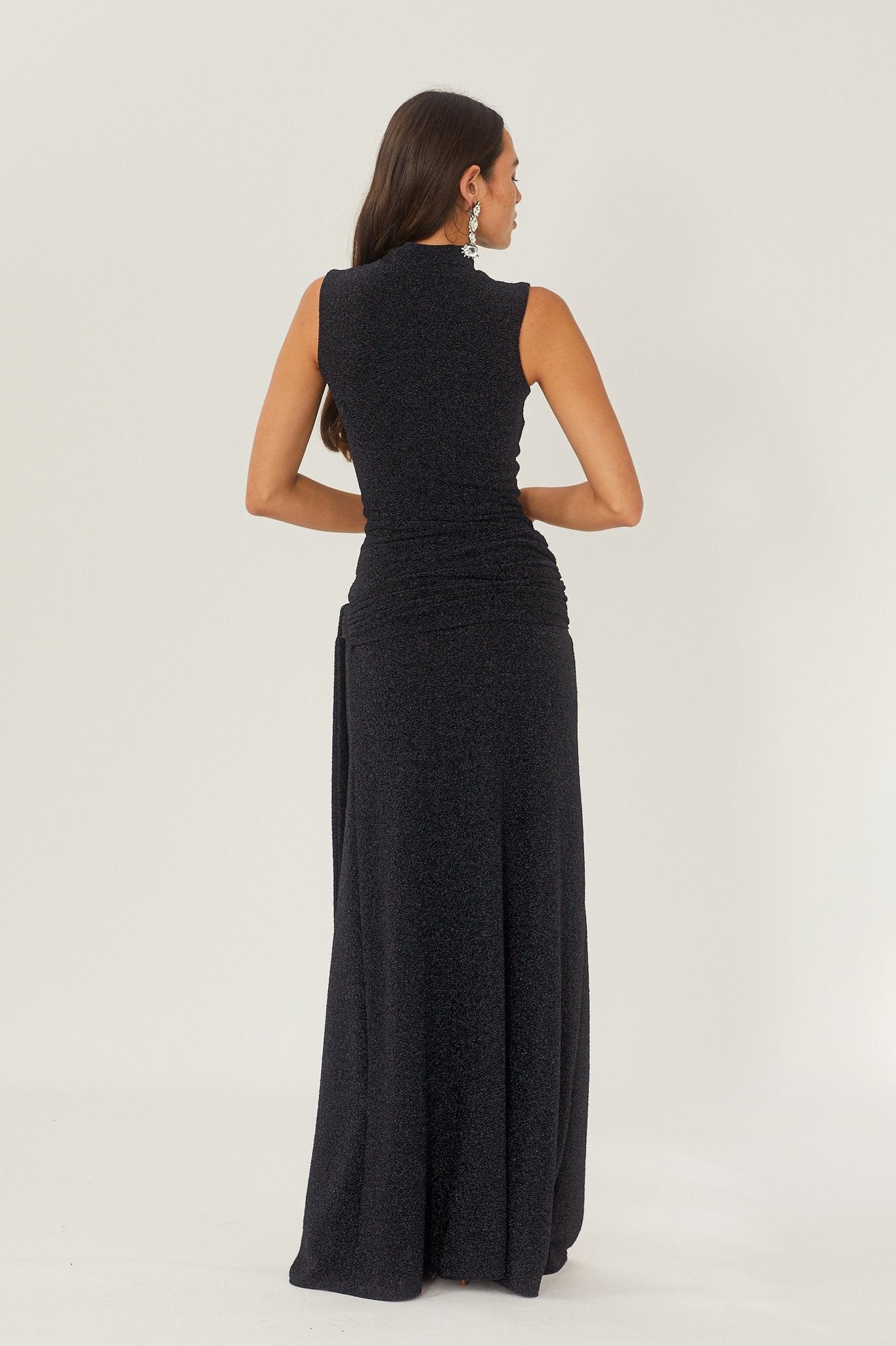 Women's Black Maxi Dress – High Neck, Sleeveless, Gathered Waist, Floor-Length, Elegant Style-81057-8ed92da6-c278-47b8-86a0-e623401b9210