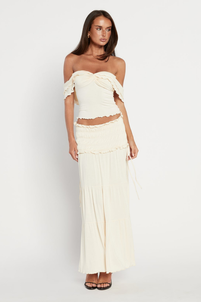 Women's Cream Knit Off-Shoulder Top & Tiered Maxi Skirt Set, Bohemian Style-80056-90e19769-2033-4145-8483-607b40d8608e
