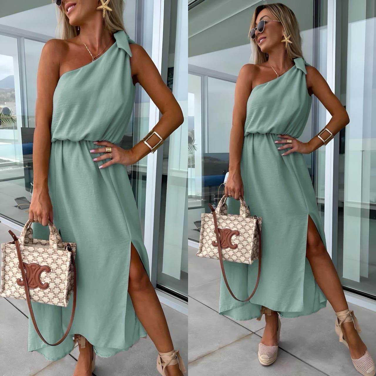 Women's Maxi Dress – One-Shoulder, Asymmetrical Neckline, Side Slit, Waist Tie-83342-927e1a47-ccab-4c97-9001-36a3610f621f