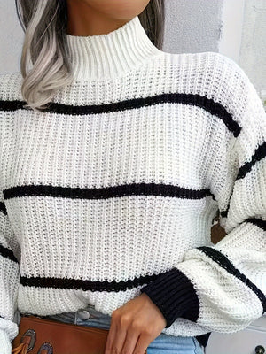 Women's Turtleneck Sweater – White Black Striped Ribbed Knit, Classic Style-74366-93e1f7b0-c175-4f81-b005-802e8a3c9d76