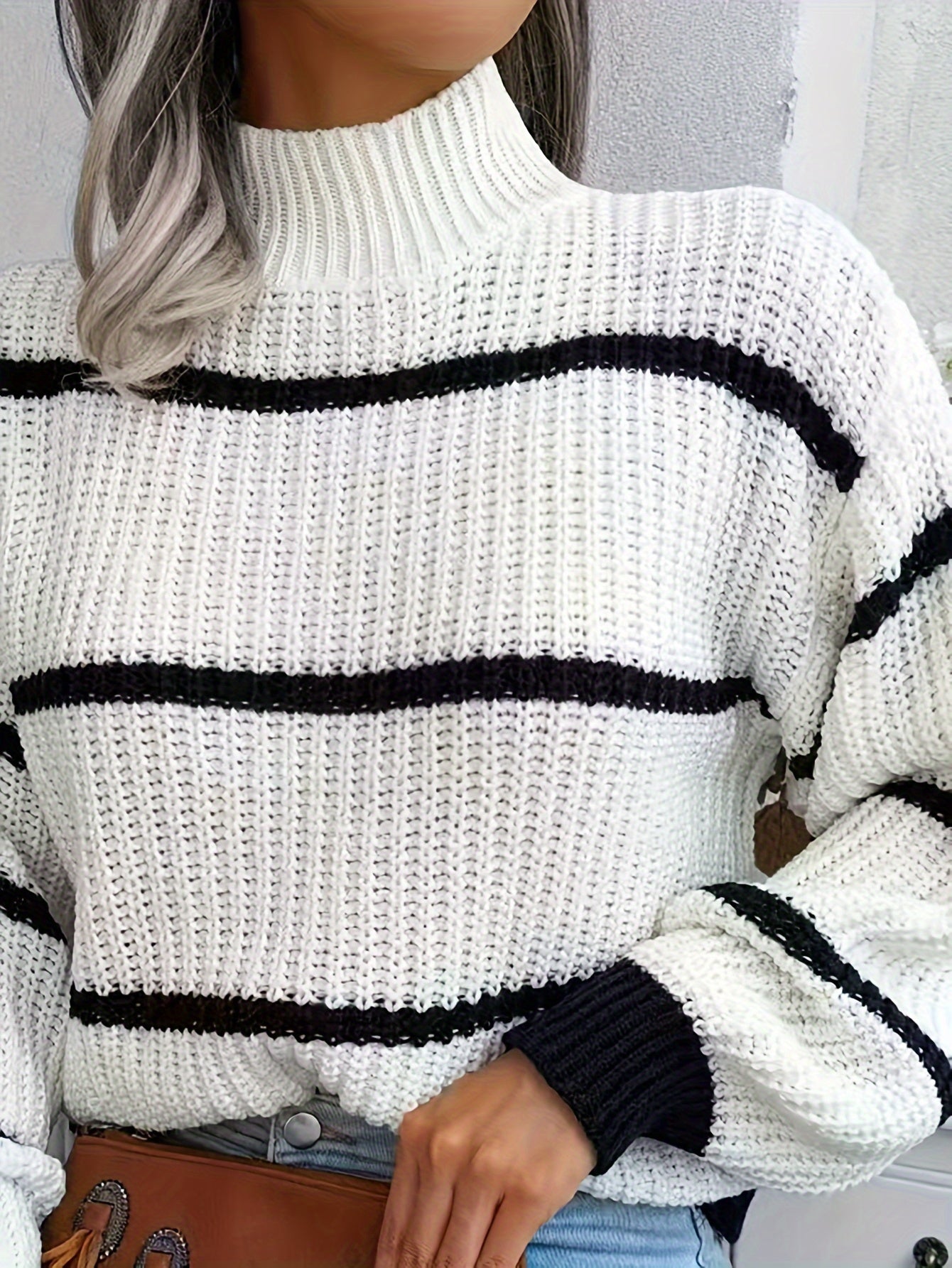 Women's Turtleneck Sweater – White Black Striped Ribbed Knit, Classic Style-74366-93e1f7b0-c175-4f81-b005-802e8a3c9d76