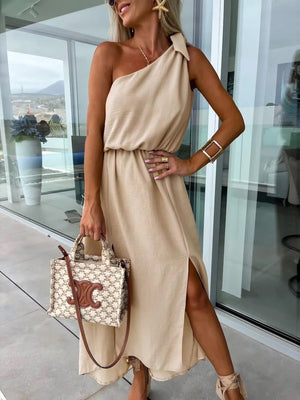 Women's Maxi Dress – One-Shoulder, Asymmetrical Neckline, Side Slit, Waist Tie-83342-947f2705-4bd7-4ca0-9a92-99f77353499c