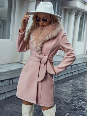 Women's Pink Coat – Faux Fur Collar, Tie Waist, Elegant Winter Outerwear-39520-fbd6d2ff-3859-44a6-98af-8ba65cdd1d3c