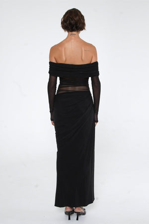 Women's Sheer Mesh Off-Shoulder Maxi Dress - Draped Skirt, Ruched Bodice, Black/Olive Green-81020-95e78005-518c-4e19-a49d-75fdd140391f