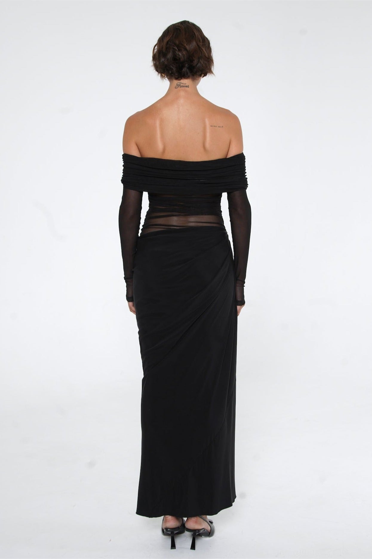 Women's Sheer Mesh Off-Shoulder Maxi Dress - Draped Skirt, Ruched Bodice, Black/Olive Green-81020-95e78005-518c-4e19-a49d-75fdd140391f