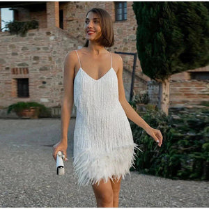 Women's Mini Dress – Fringe Detail Feather Trim Spaghetti Strap-83329-9608c6cc-2876-4275-a91f-373dc08e468e