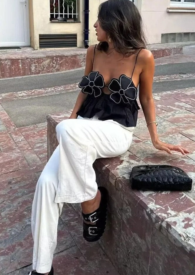 Women's Halter Top – Floral Rhinestone Embellished, Ruffled Peplum, Satin-77127-962e9ae7-c455-49af-88e8-fabe8a50c91b