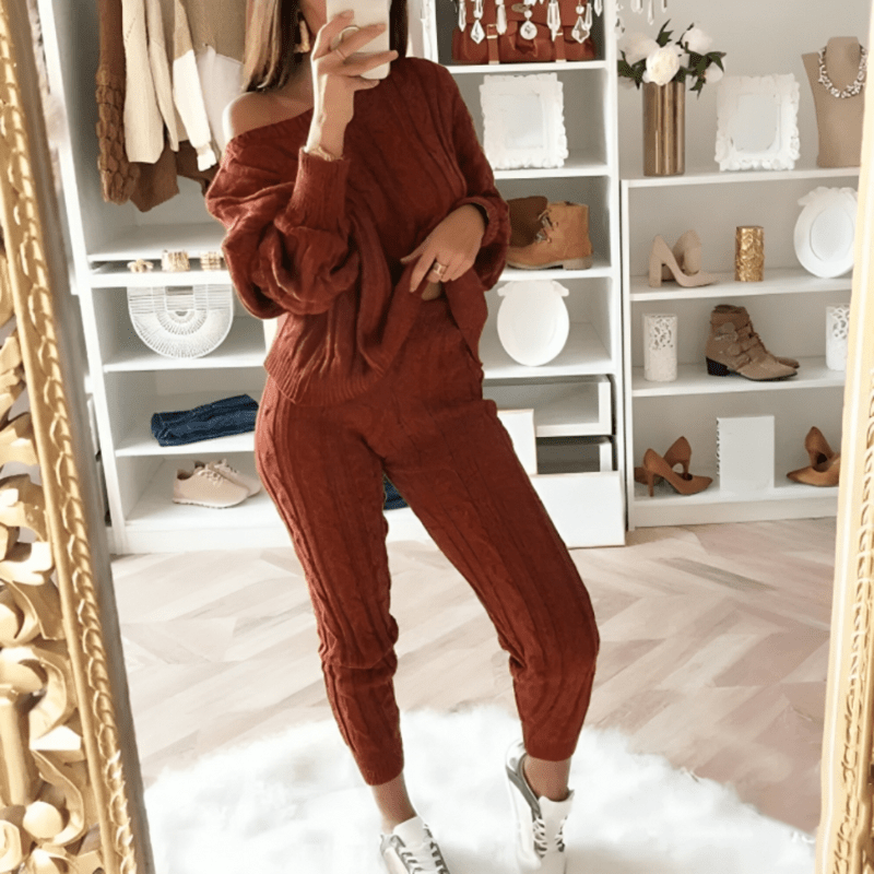 Women's Beige Cable Knit Lounge Set - Relaxed Sweater & Tapered Pants-67694-97b53e3c-24ae-40ab-9fef-c879ac67da36