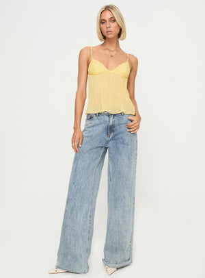 Women's Yellow Pleated Cami Top with Lace Detail, Feminine Style-83482-9926e77b-f9f8-4200-887c-733711704199