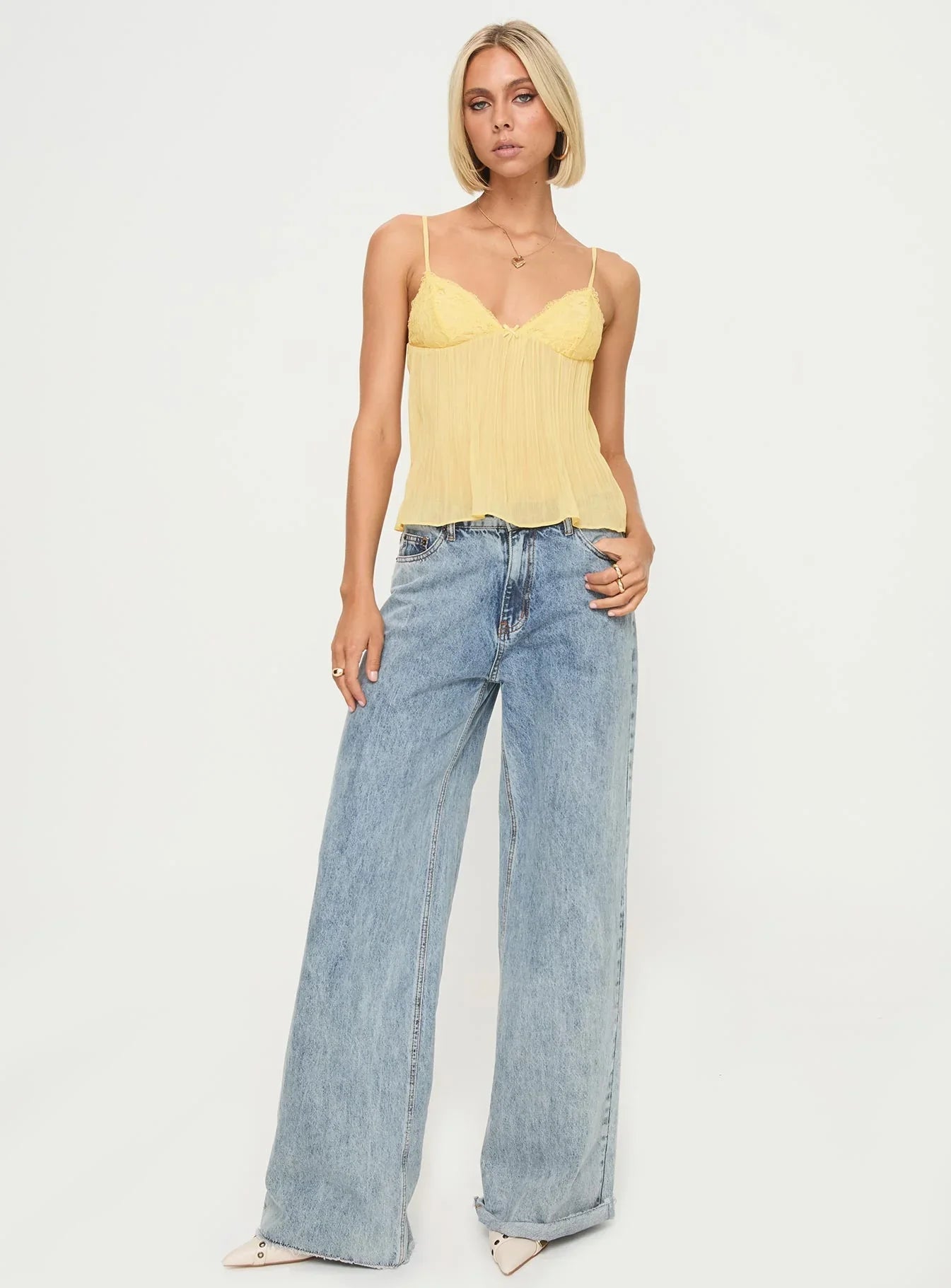 Women's Yellow Pleated Cami Top with Lace Detail, Feminine Style-83482-9926e77b-f9f8-4200-887c-733711704199