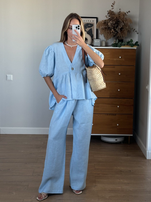 Women's Linen Two-Piece Set – V-Neck Puff Sleeve Top, Wide-Leg Pants-83274-995f1147-86be-4d33-a67f-396f45528208