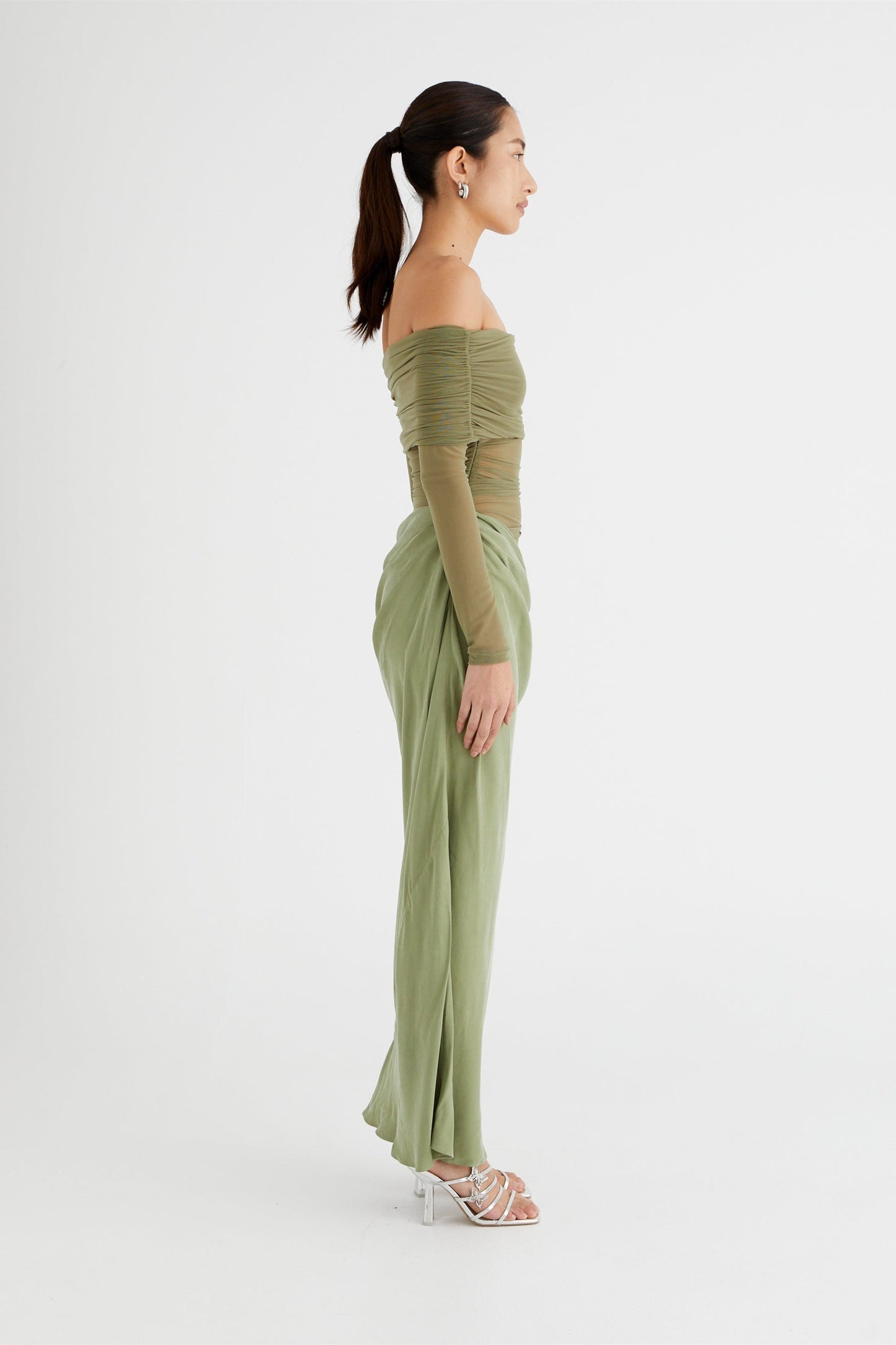 Women's Sheer Mesh Off-Shoulder Maxi Dress - Draped Skirt, Ruched Bodice, Black/Olive Green-81020-9963e69c-8cb9-404a-a17c-b66fdac34e53