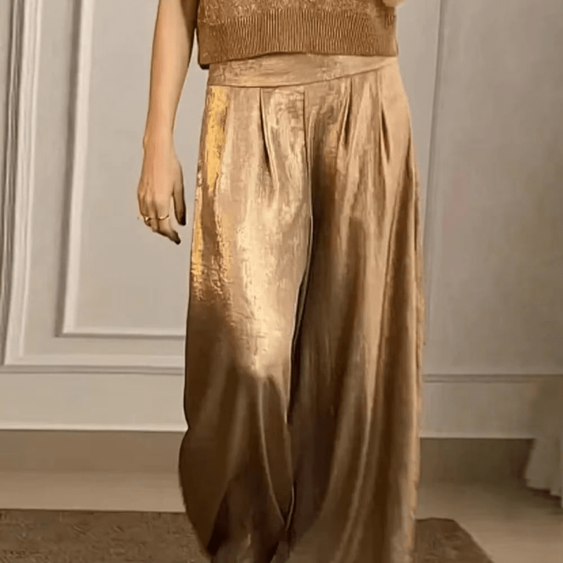 Women's Gold Metallic Satin Wide-Leg Trousers – High-Waist Pleated Design, Elegant Style, Sydney Wardrobe-67714-9aacb7aa-b8f3-48c7-b0a0-7046635fa524