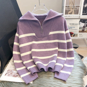 Women's Half-Zip Striped Knit Sweater – Oversized Fit, Cotton Blend-71079-9af0f35d-dd17-49f6-9d9e-e43c15128869
